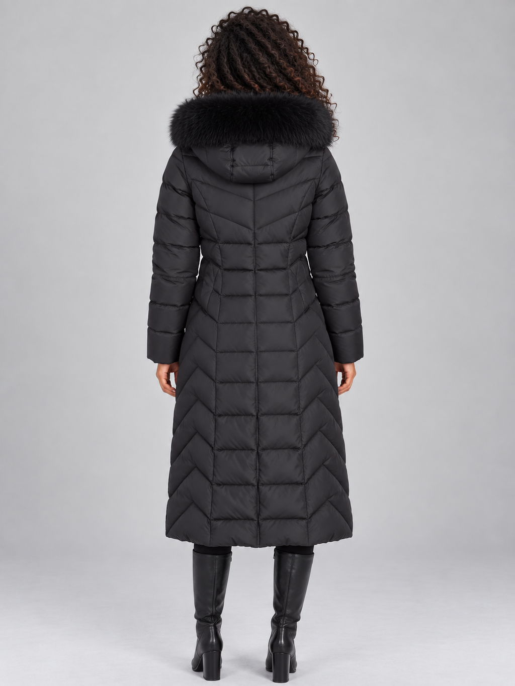 Women's Longline Puffer Coat - Chevron Quilted Faux Fur Hood