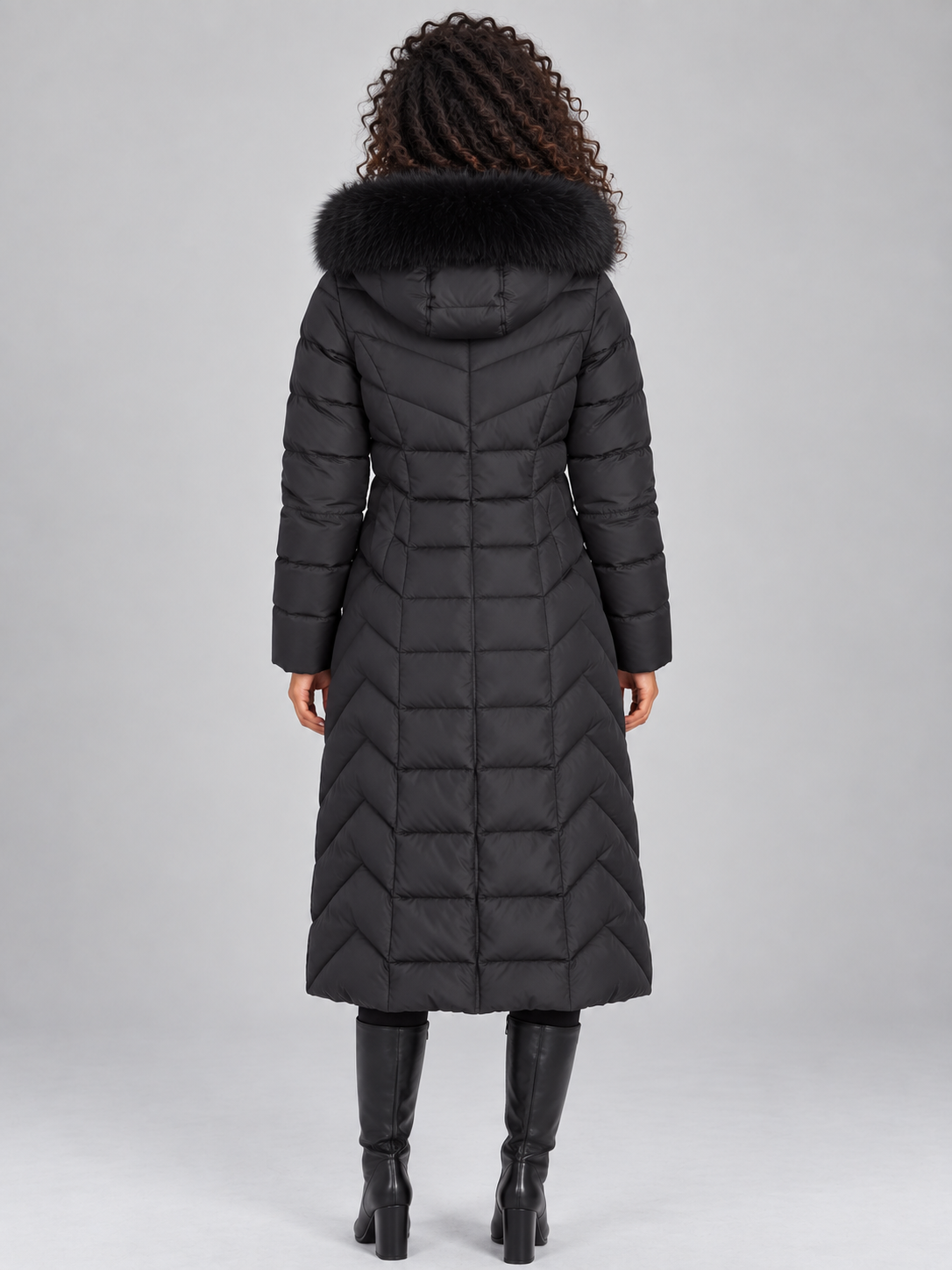 Women's Longline Puffer Coat - Chevron Quilted Faux Fur Hood