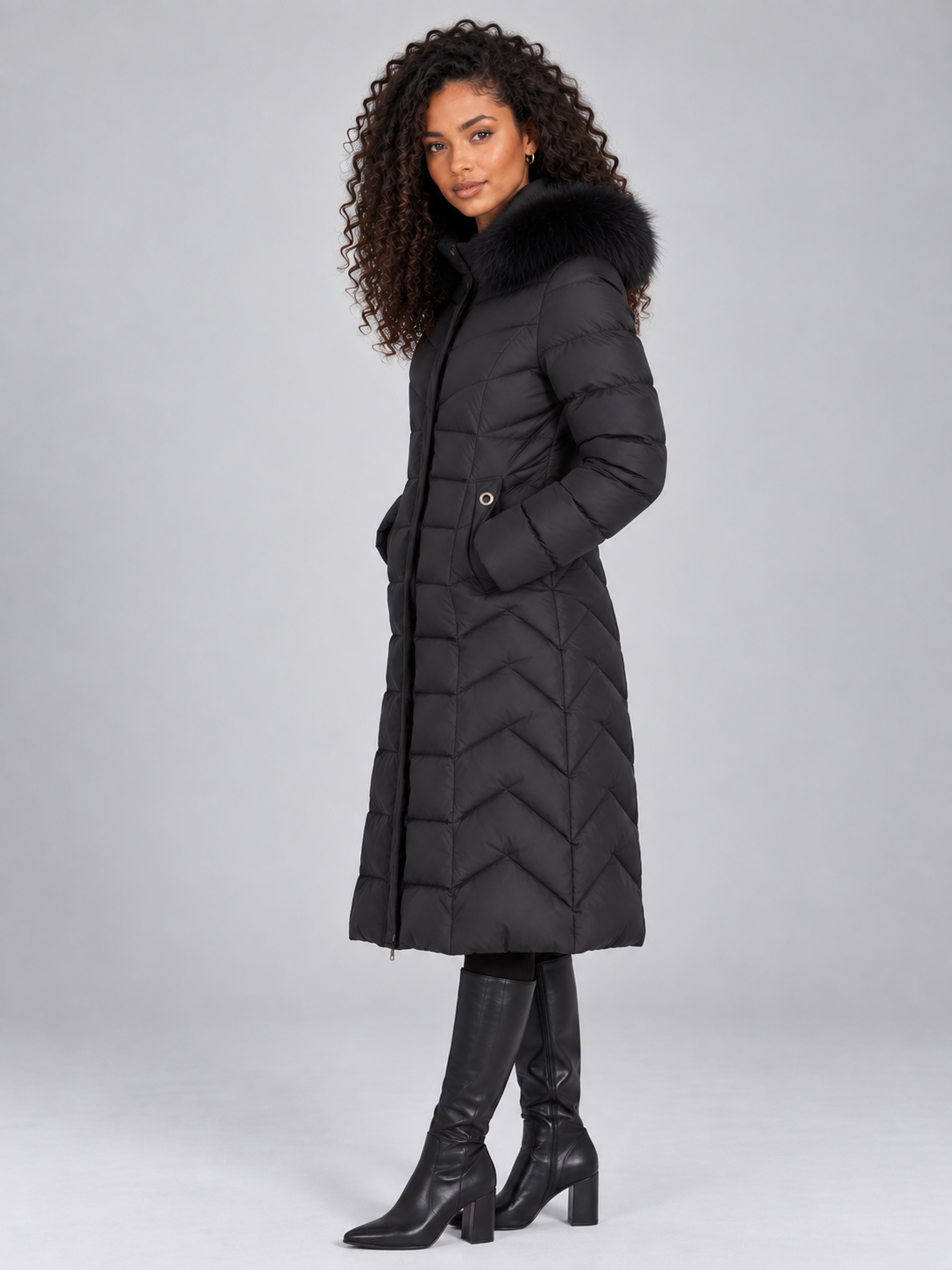 Women's Longline Puffer Coat - Chevron Quilted Faux Fur Hood
