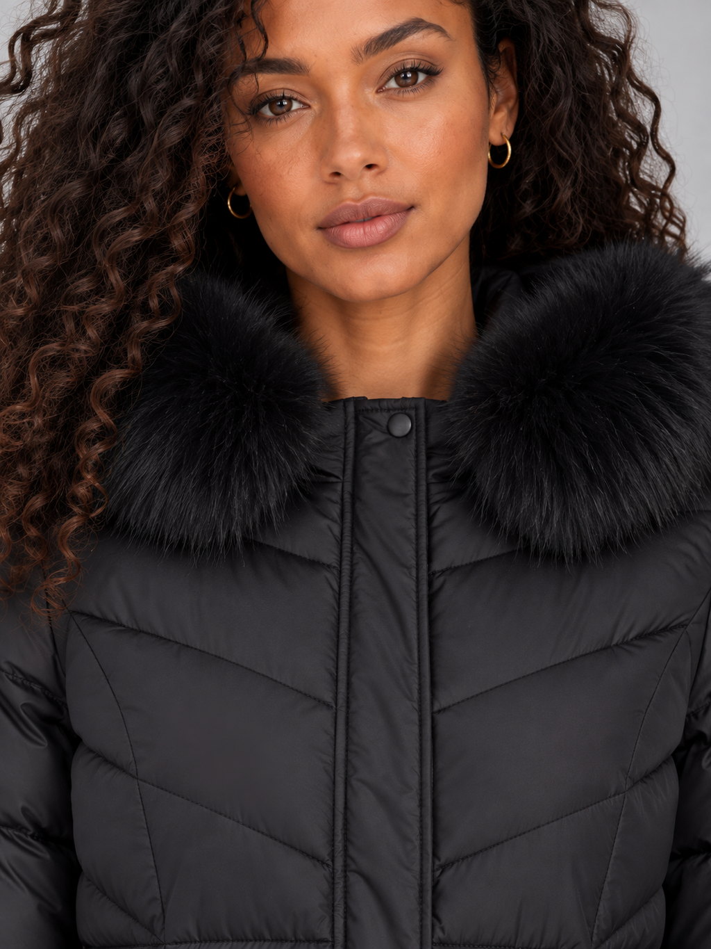 Women's Longline Puffer Coat - Chevron Quilted Faux Fur Hood