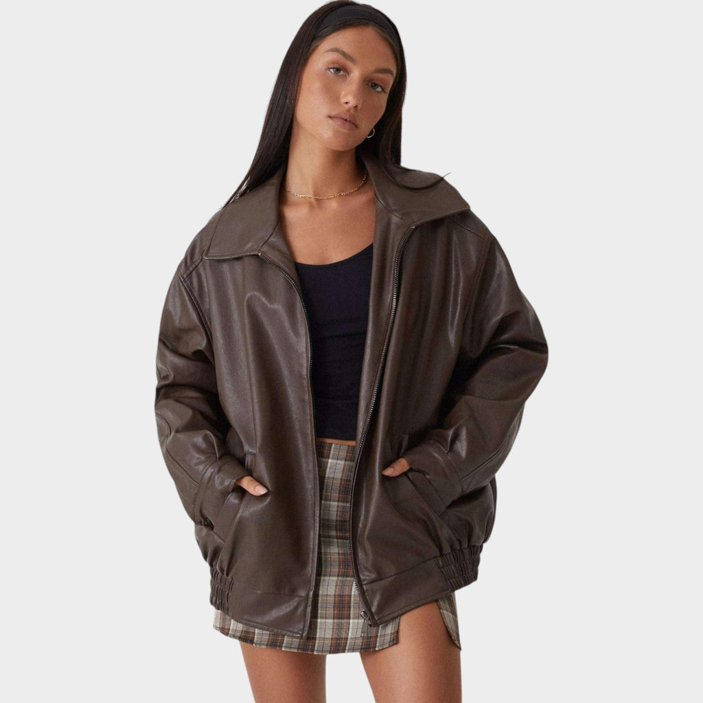 Women's Oversized Faux Leather Zip-Up Bomber Jacket - front view