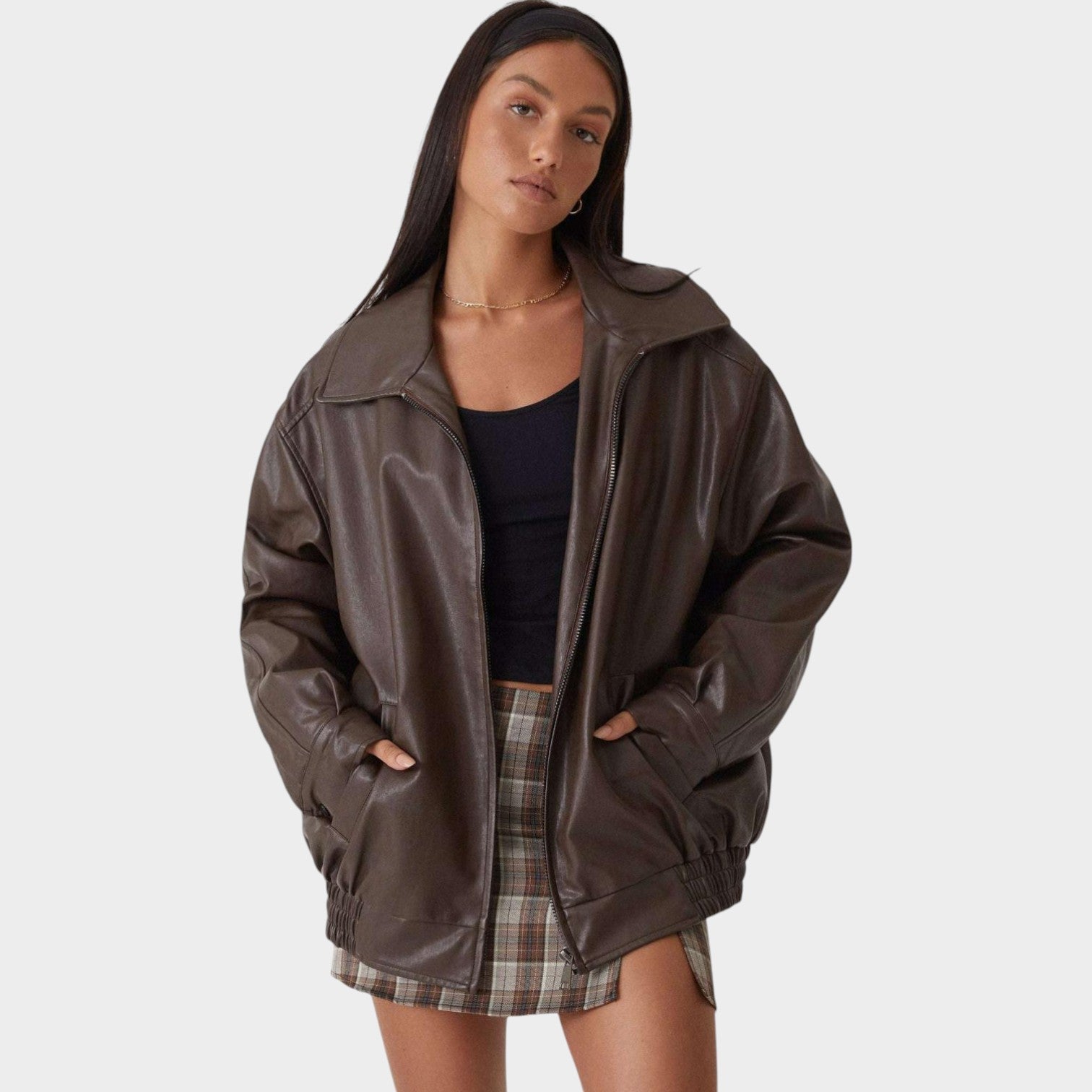Women's Oversized Faux Leather Zip-Up Bomber Jacket - front view