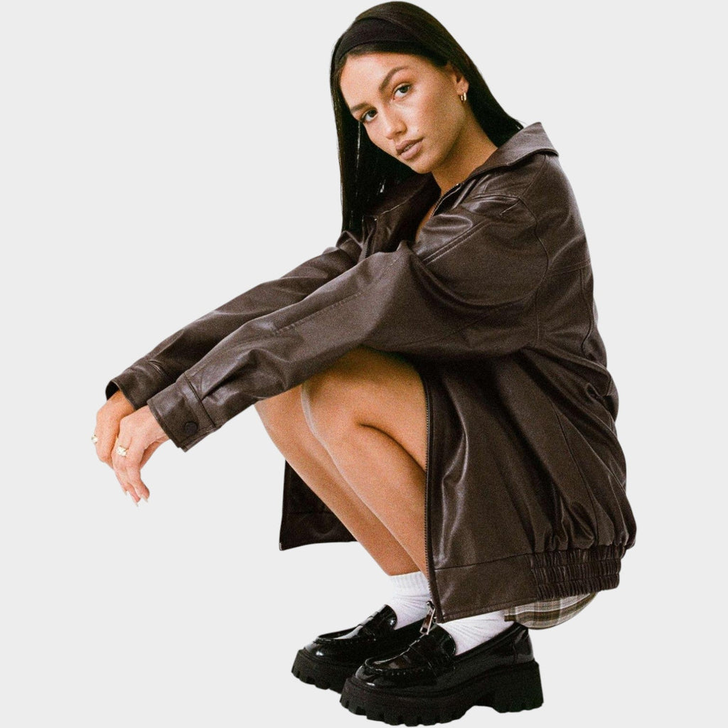Women's Oversized Faux Leather Zip-Up Bomber Jacket - detail view