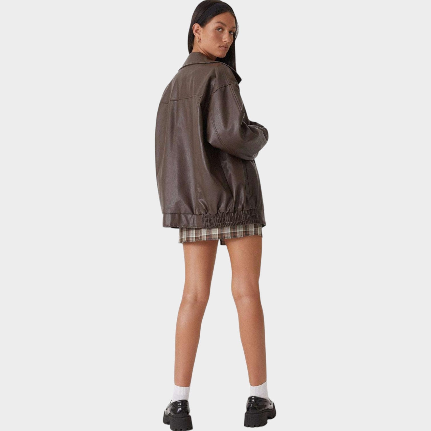 Women's Oversized Faux Leather Zip-Up Bomber Jacket - styled view