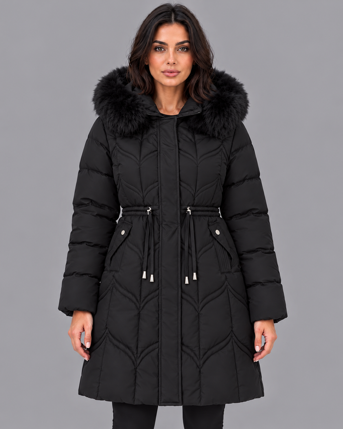 Women's Parka Coat - Faux Fur Hood Quilted Puffer Drawstring Waist - Black - front view